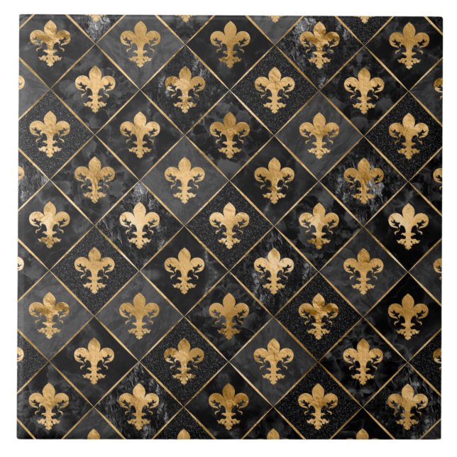 Fleur-de-lis pattern Black Marble and Gold Ceramic Tile (Front)