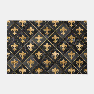 Fleur-de-lis pattern Black Marble and Gold Doormat
