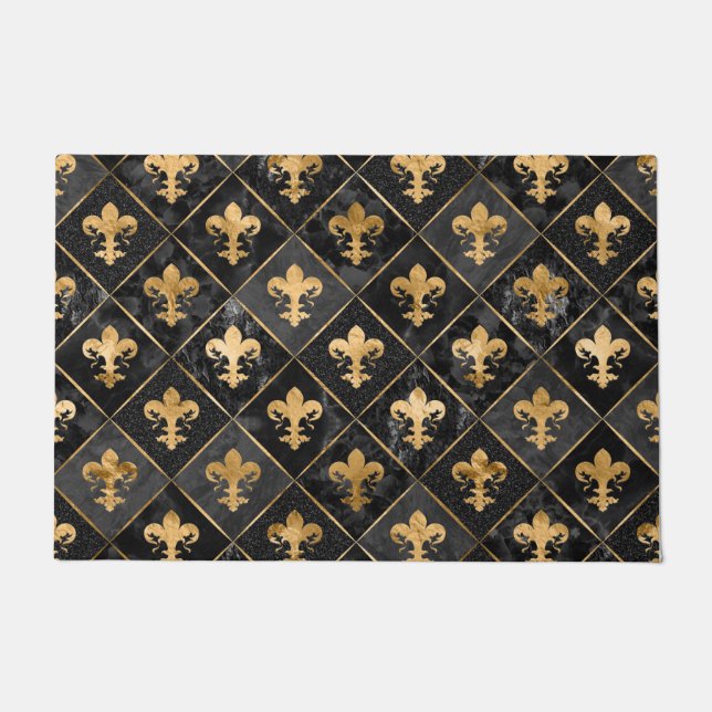 Fleur-de-lis pattern Black Marble and Gold Doormat (Front)