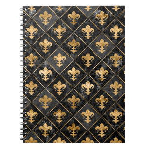 Fleur-de-lis pattern Black Marble and Gold Notebook