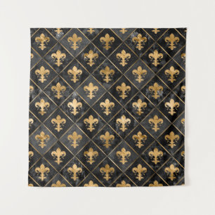 Fleur-de-lis pattern Black Marble and Gold Tapestry