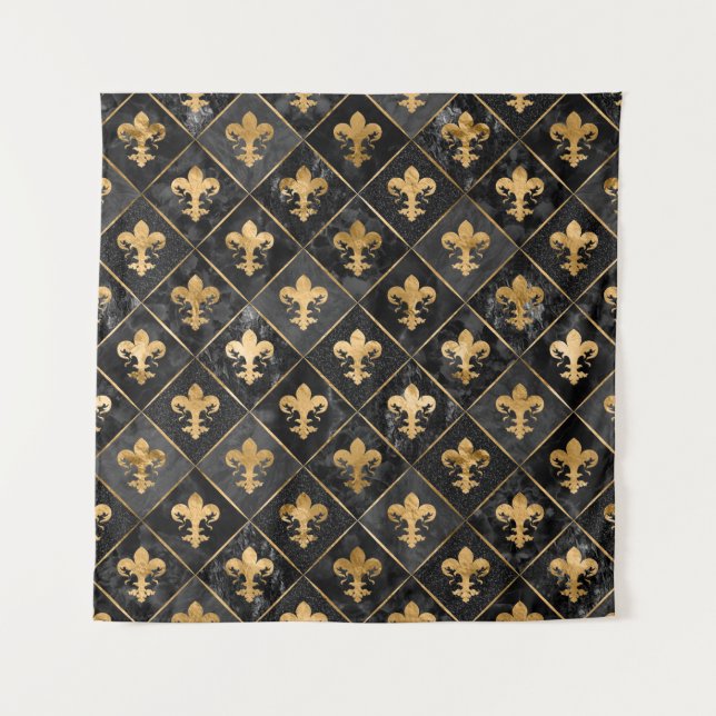 Fleur-de-lis pattern Black Marble and Gold Tapestry (Front)