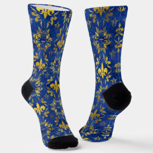 Fleur-de-lis pattern blue marble and gold socks