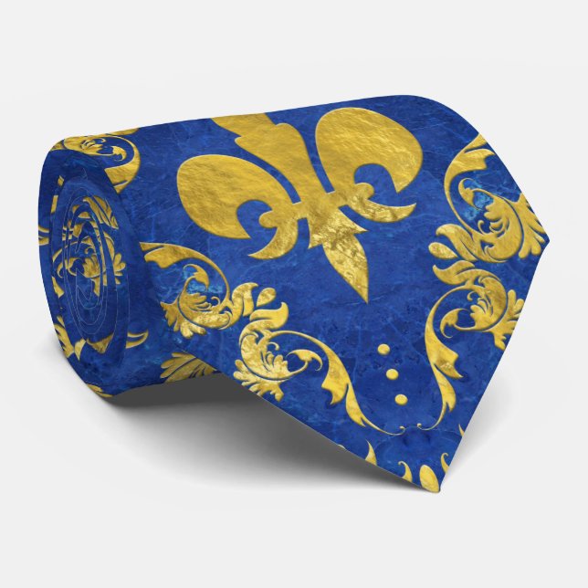 Fleur-de-lis pattern blue marble and gold tie (Rolled)