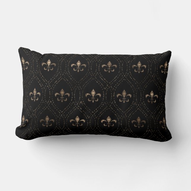 Fleur-de-lis pattern dot art black and gold lumbar cushion (Front)