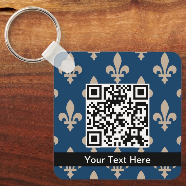 Fleur de Lis Pattern, French, Royal, Cream, Blue Key Ring (Front)
