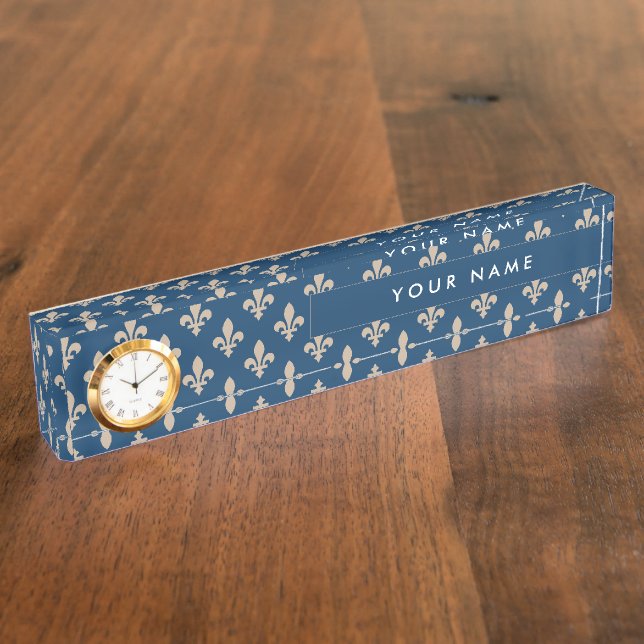 Fleur de Lis Pattern, French, Royal, Cream, Blue Nameplate (Side)