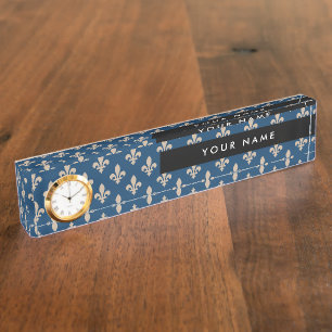 Fleur de Lis Pattern, French, Royal, Cream, Blue Nameplate