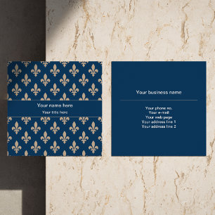 Fleur de Lis Pattern, French, Royal, Cream, Blue Square Business Card