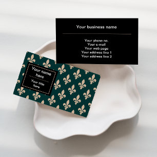 Fleur de Lis Pattern, French, Royal, Cream, Green Business Card