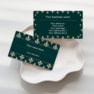 Fleur de Lis Pattern, French, Royal, Cream, Green Business Card