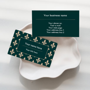 Fleur de Lis Pattern, French, Royal, Cream, Green Business Card