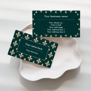 Fleur de Lis Pattern, French, Royal, Cream, Green Business Card