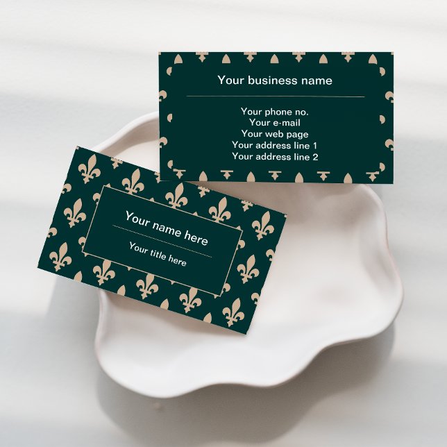 Fleur de Lis Pattern, French, Royal, Cream, Green Business Card (Creator Uploaded)