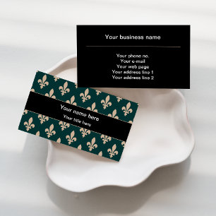 Fleur de Lis Pattern, French, Royal, Cream, Green Business Card