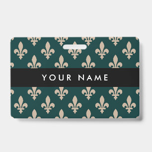 Fleur de Lis Pattern, French, Royal, Cream, Green ID Badge