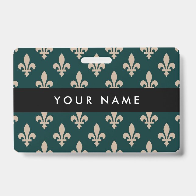 Fleur de Lis Pattern, French, Royal, Cream, Green ID Badge (Front)