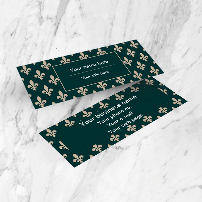 Fleur de Lis Pattern, French, Royal, Cream, Green Mini Business Card (Creator Uploaded)
