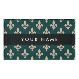 Fleur de Lis Pattern, French, Royal, Cream, Green Name Tag