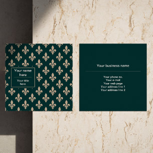 Fleur de Lis Pattern, French, Royal, Cream, Green Square Business Card