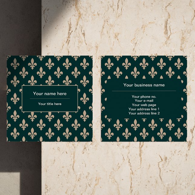Fleur de Lis Pattern, French, Royal, Cream, Green Square Business Card (Creator Uploaded)