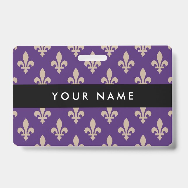 Fleur de Lis Pattern, French, Royal, Cream, Purple ID Badge (Front)