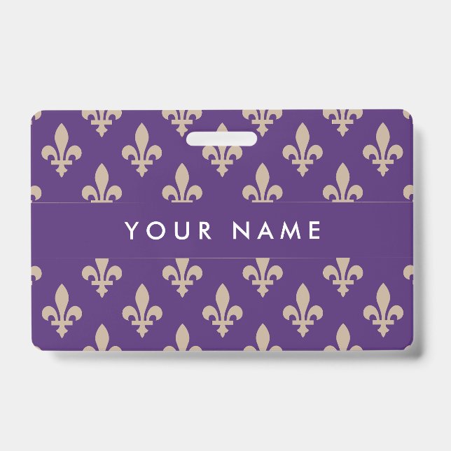 Fleur de Lis Pattern, French, Royal, Cream, Purple ID Badge (Front)