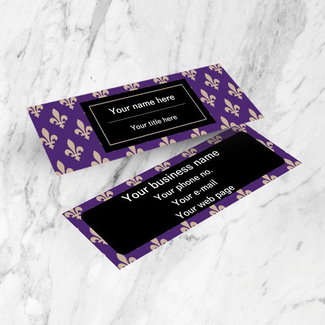 Fleur de Lis Pattern, French, Royal, Cream, Purple Mini Business Card (Creator Uploaded)