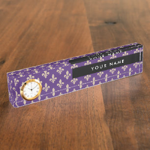 Fleur de Lis Pattern, French, Royal, Cream, Purple Nameplate
