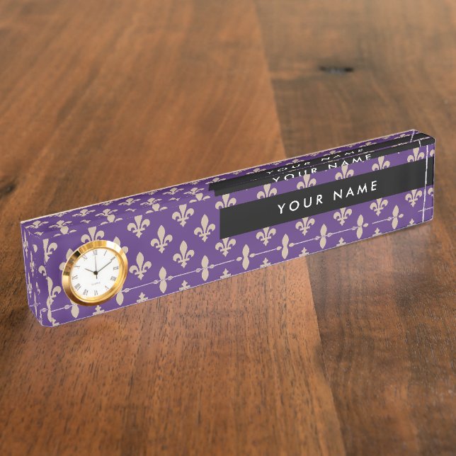Fleur de Lis Pattern, French, Royal, Cream, Purple Nameplate (Side)