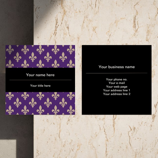 Fleur de Lis Pattern, French, Royal, Cream, Purple Square Business Card (Creator Uploaded)