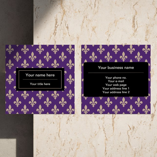 Fleur de Lis Pattern, French, Royal, Cream, Purple Square Business Card (Creator Uploaded)