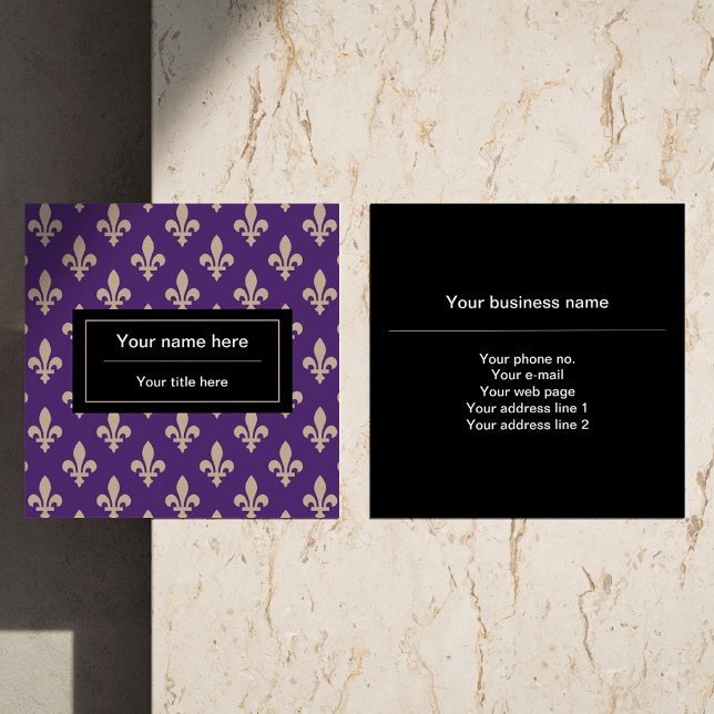 Fleur de Lis Pattern, French, Royal, Cream, Purple Square Business Card (Creator Uploaded)