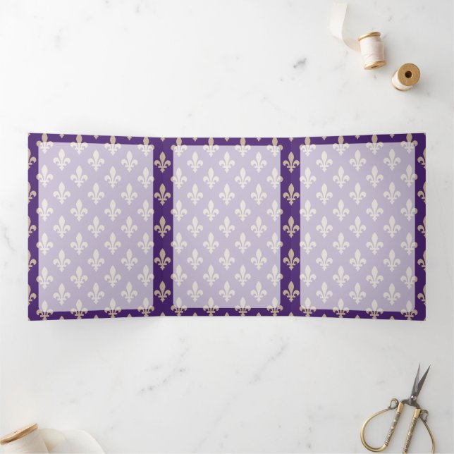 Fleur de Lis Pattern, French, Royal, Cream, Purple Tri-Fold Card (Inside)