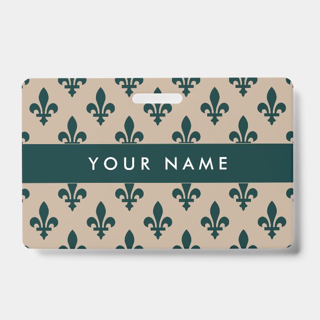 Fleur de Lis Pattern, French, Royal, Green ID Badge (Front)