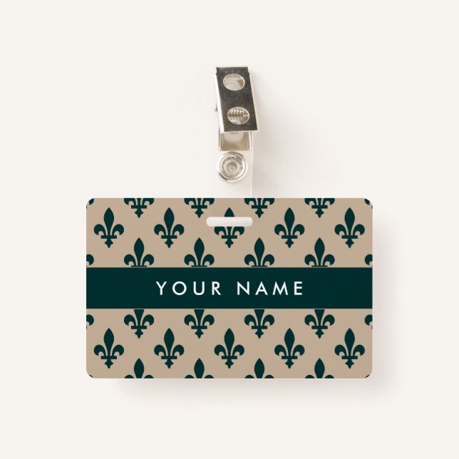 Fleur de Lis Pattern, French, Royal, Green ID Badge (Front with Clip)