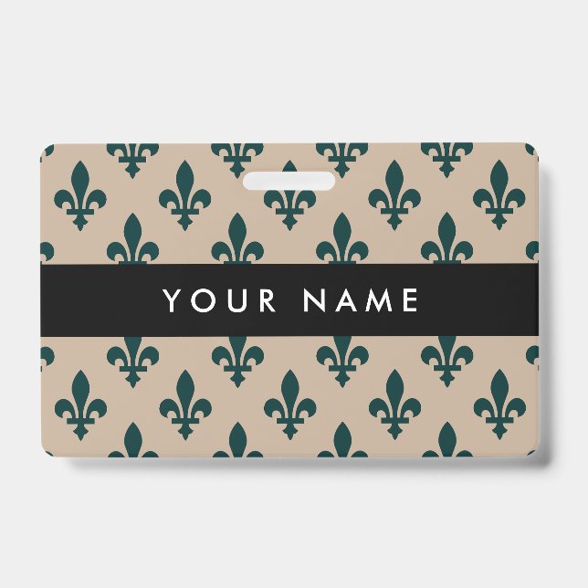 Fleur de Lis Pattern, French, Royal, Green ID Badge (Front)