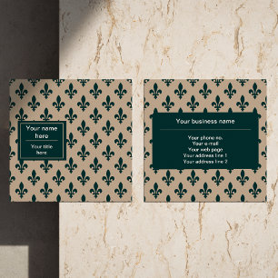 Fleur de Lis Pattern, French, Royal, Green Square Business Card