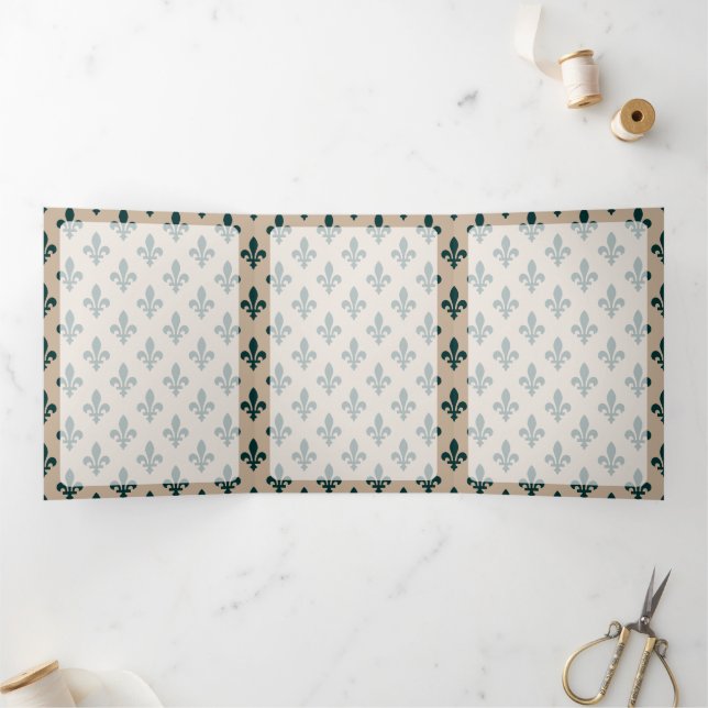 Fleur de Lis Pattern, French, Royal, Green Tri-Fold Card (Inside)