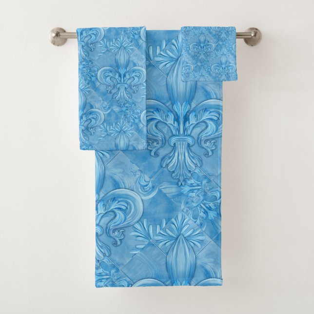 Fleur-de-lis pattern - gentle sky blue bath towel set (Insitu)