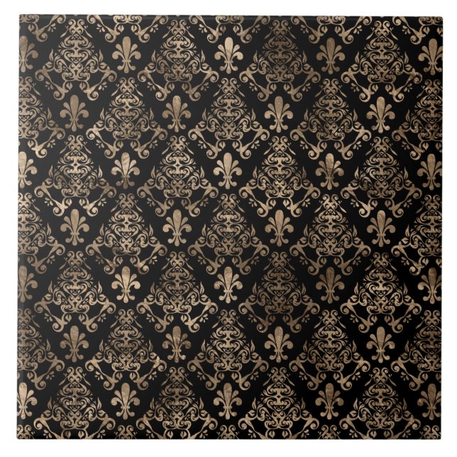 Fleur-de-lis pattern gold on black ceramic tile (Front)