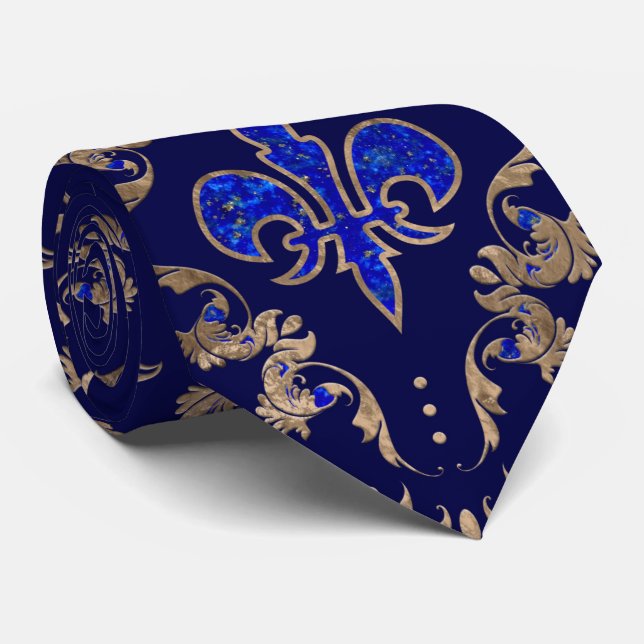 Fleur-de-lis pattern lapis lazuli and gold tie (Rolled)