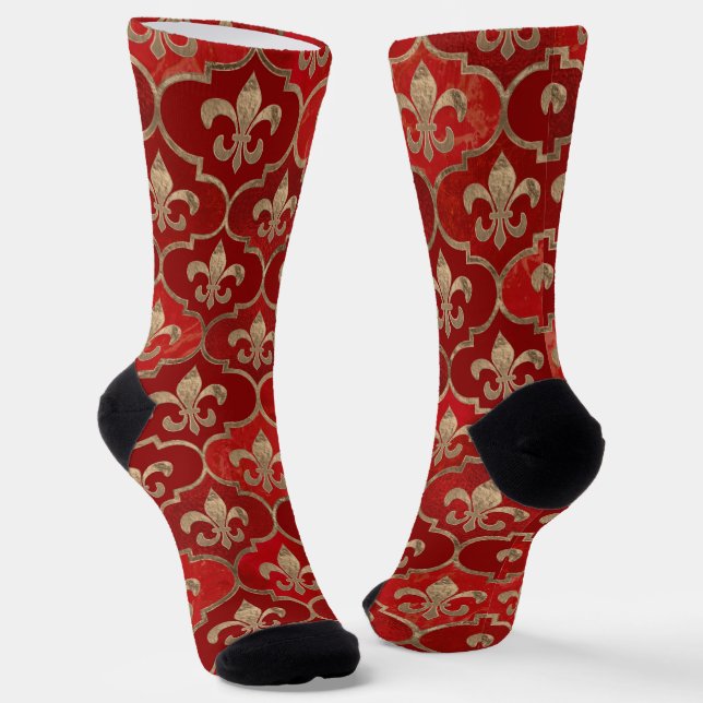 Fleur-de-lis pattern luxury red socks (Angled)