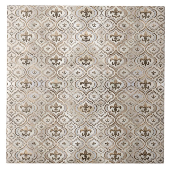 Fleur-de-lis pattern pearl and gold ceramic tile (Front)