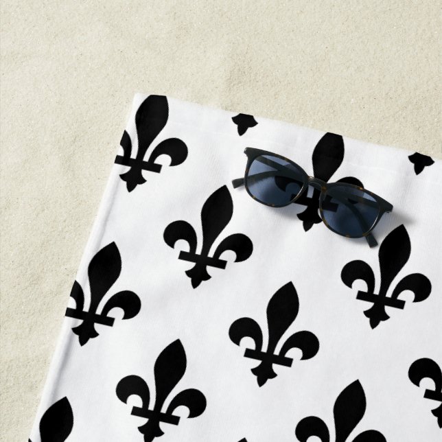 Fleur de Lis Pattern, Royal French, Black on White Beach Towel (In Situ)