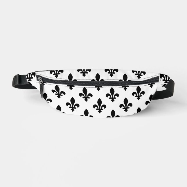 Fleur de Lis Pattern, Royal French, Black on White Bum Bags (Front)