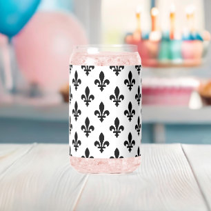 Fleur de Lis Pattern, Royal French, Black on White Can Glass