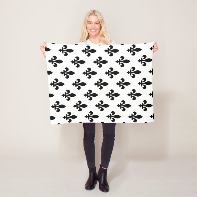 Fleur de Lis Pattern, Royal French, Black on White Fleece Blanket (In Situ)