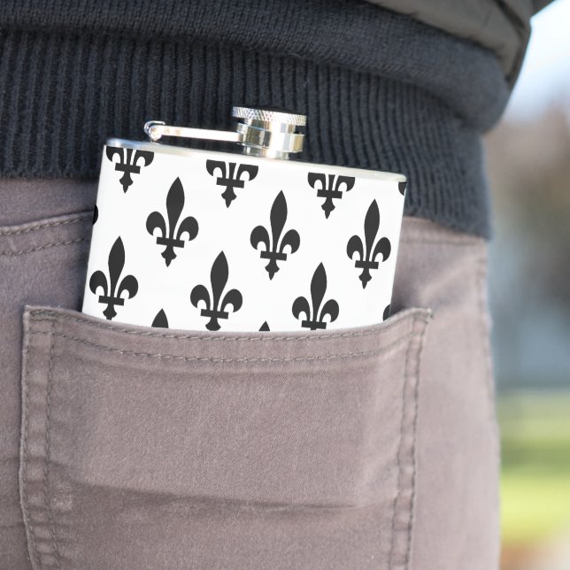 Fleur de Lis Pattern, Royal French, Black on White Hip Flask (In Situ)