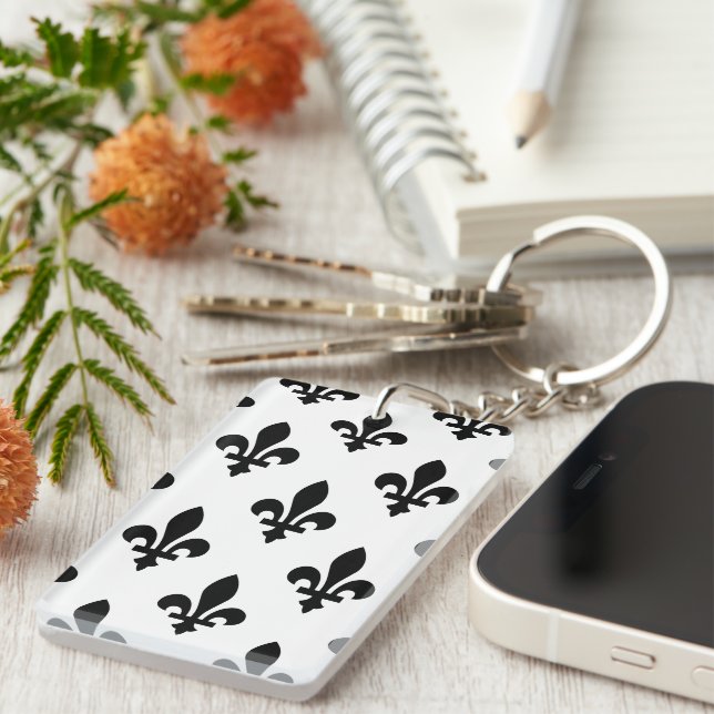 Fleur de Lis Pattern, Royal French, Black on White Key Ring (Front Right)